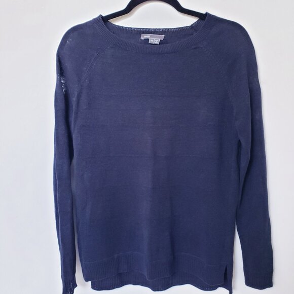 Vince Linen Oversized Long Sleeve Open Knit Mesh Blue Tunic Sweater - Picture 2 of 9